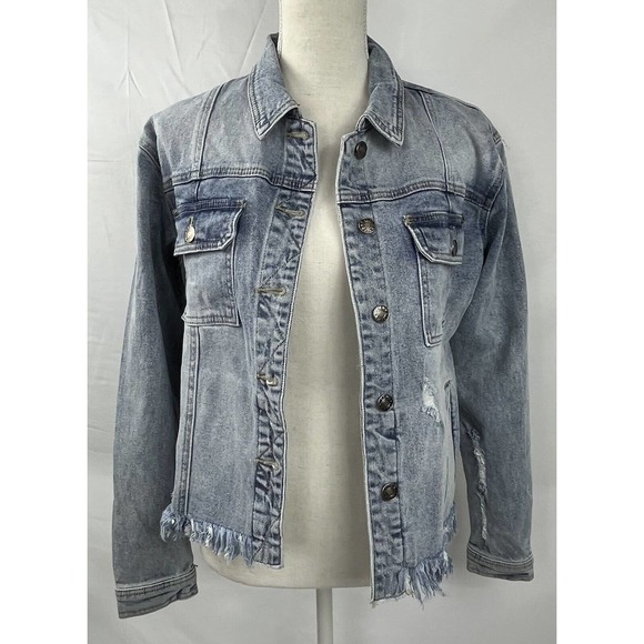 N/A Jackets & Blazers - Women's Jean Jacket Long Sleeve Fitted Distressed Fray Hem Size M